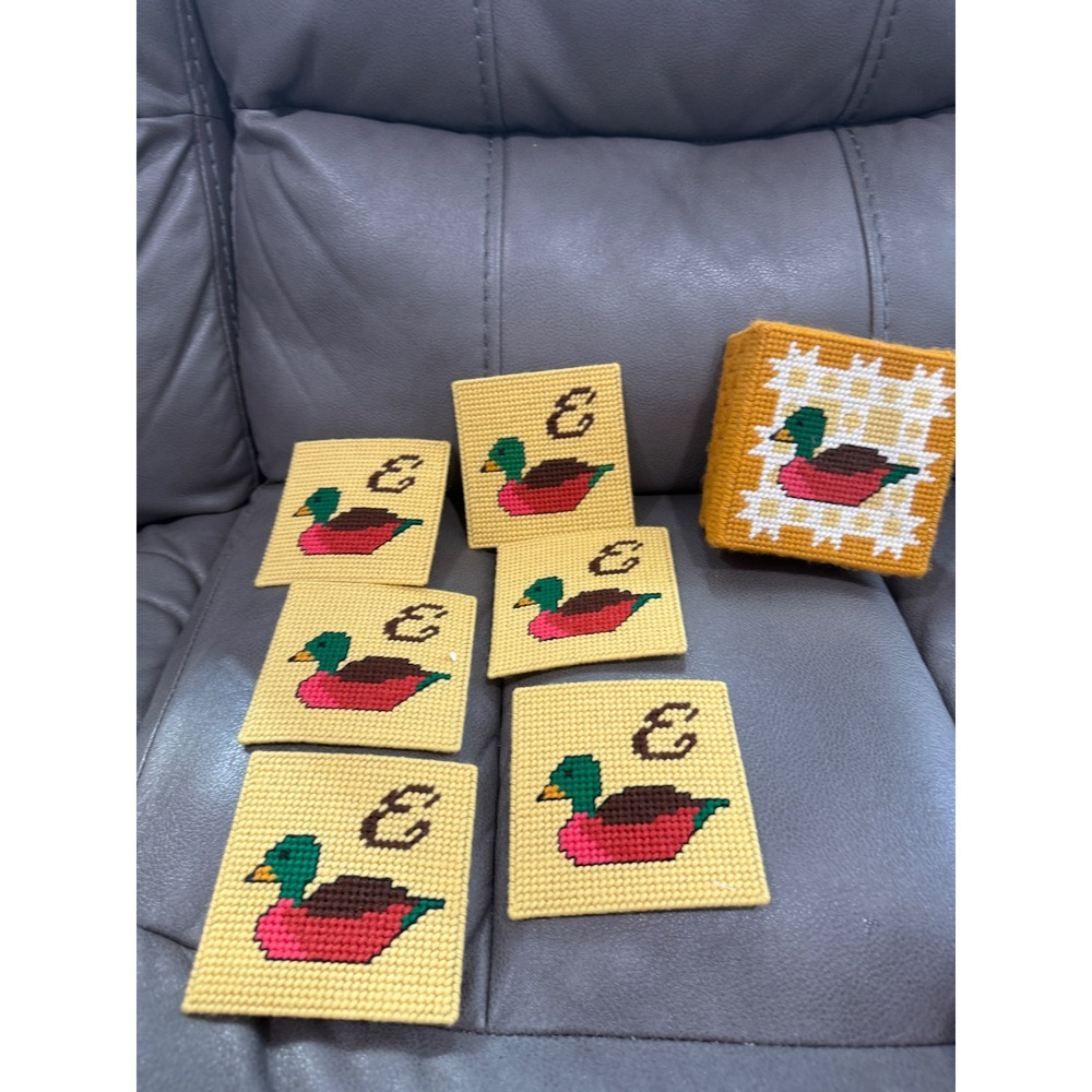 Handmade Needlepoint Mallard Duck Coaster Set Initial E Plastic Canvas 7pc Set